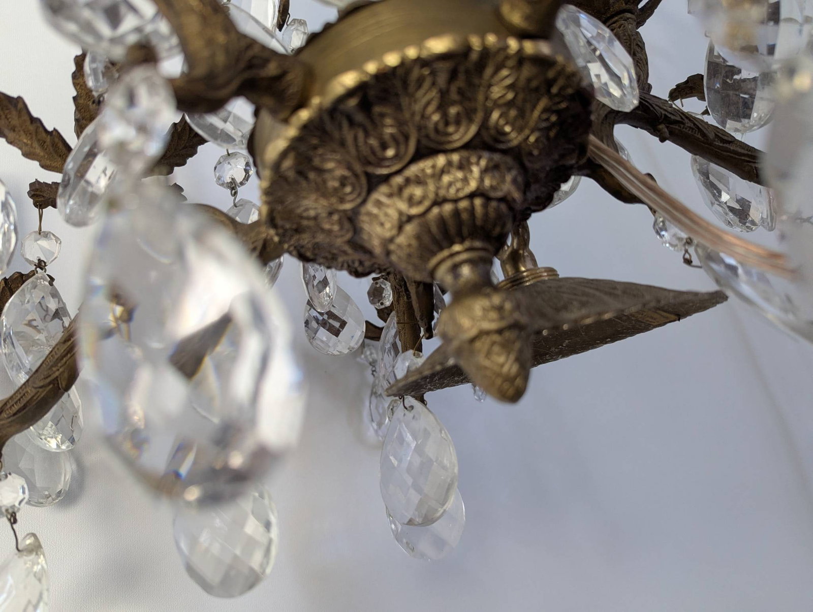 French Louis XV-style Brass and Crystal Six-Arm Chandelier with Patina - 8