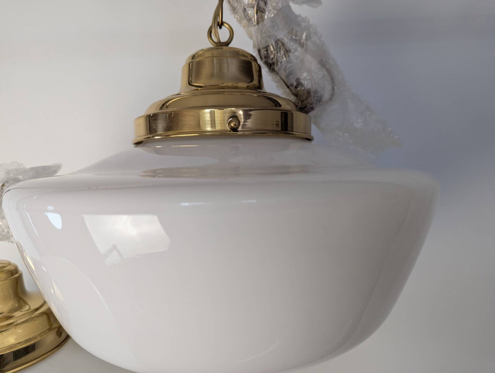 Pair Schoolhouse Pendant Lights with Brass and Opal Glass Shades - 2