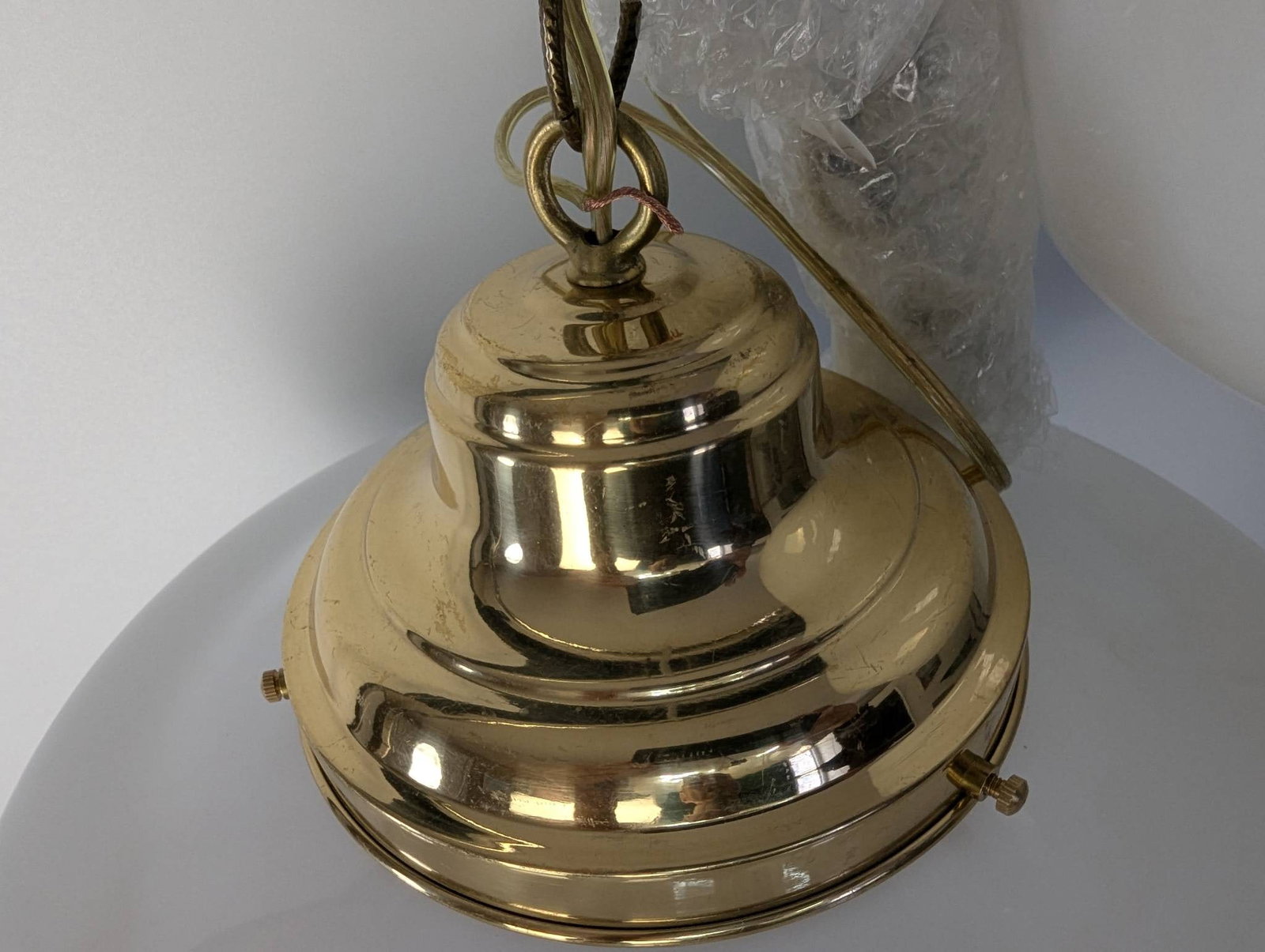 Pair Schoolhouse Pendant Lights with Brass and Opal Glass Shades - 3