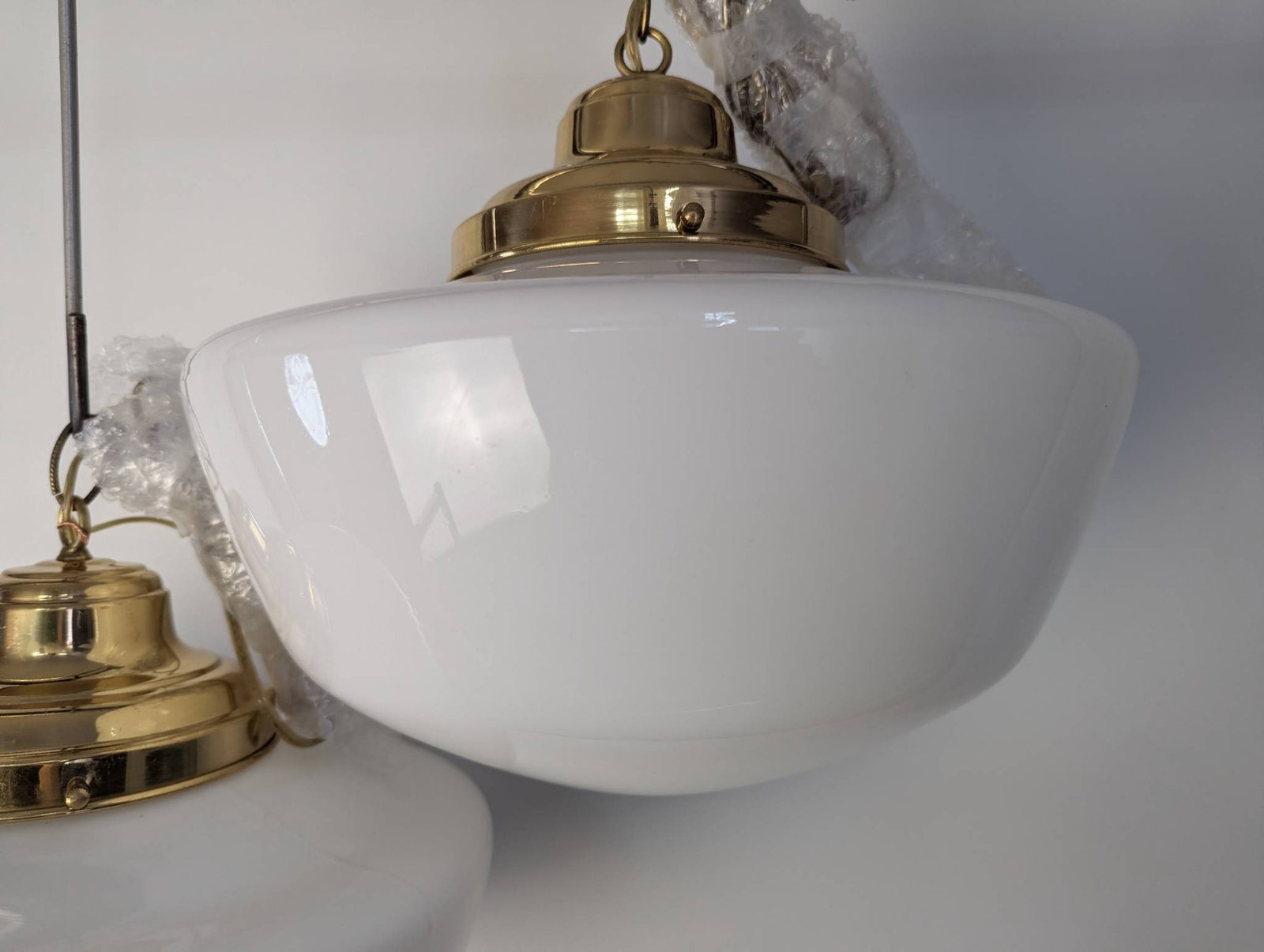 Pair Schoolhouse Pendant Lights with Brass and Opal Glass Shades - 7
