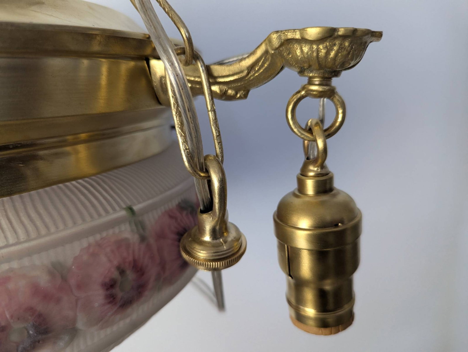 1920s Brass Pan-Style Chandelier with Hand-Painted Rose Glass Shades - 4