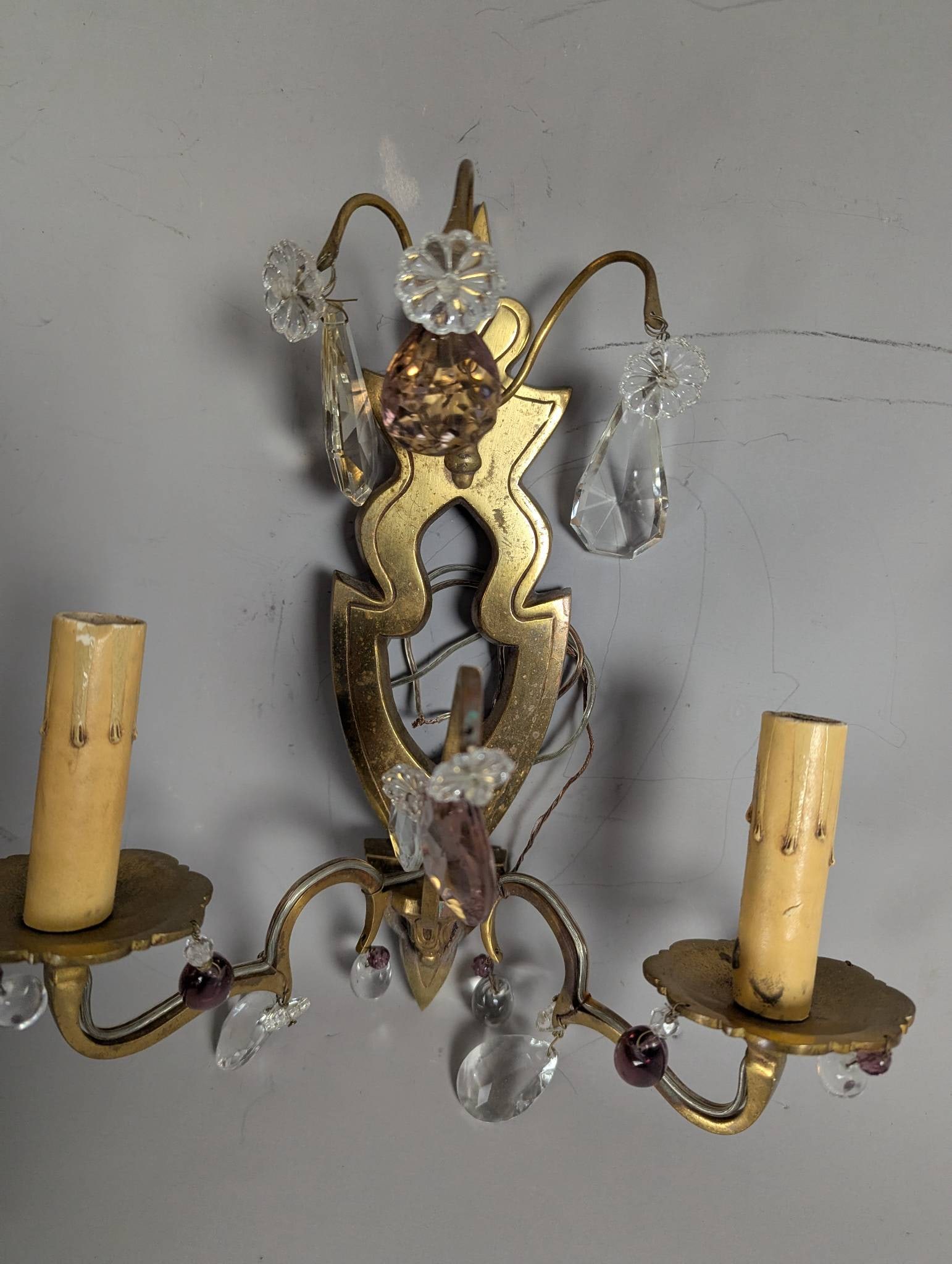 Vintage Brass Wall Sconces with Crystal Prisms - 2
