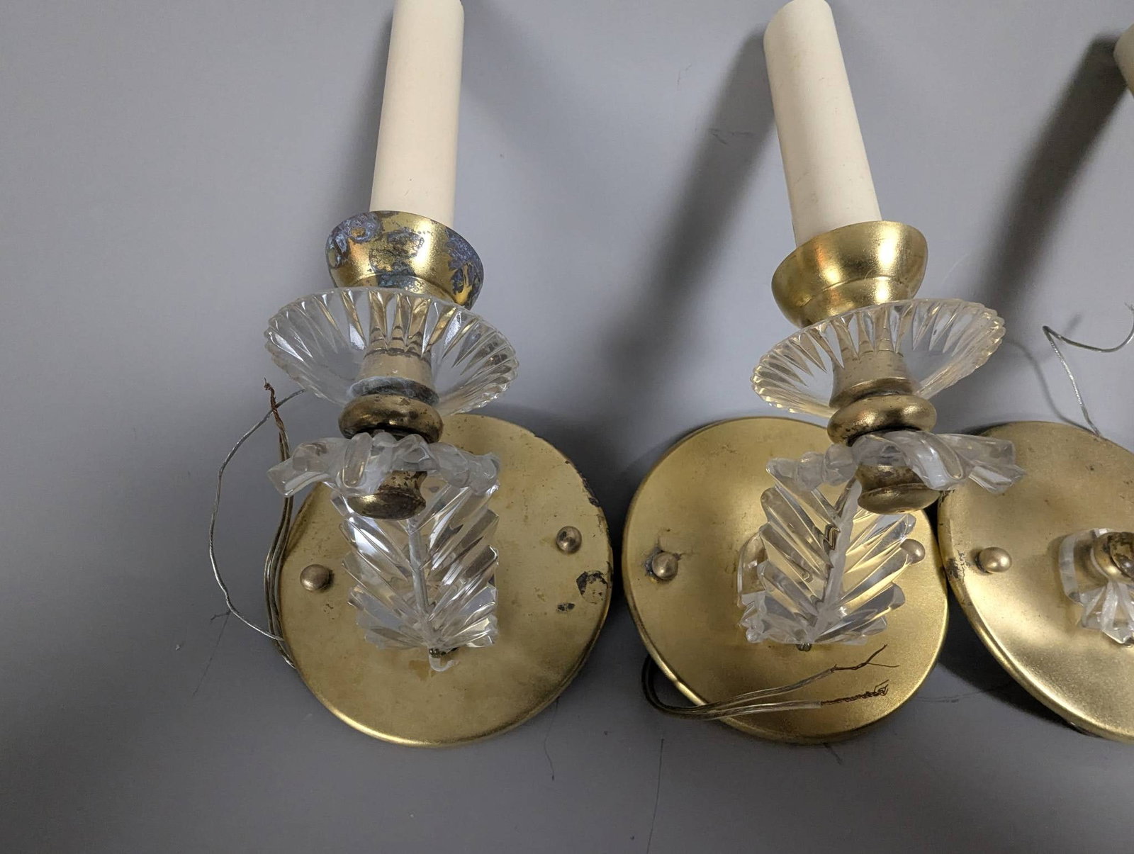 Four Vintage Brass and Crystal Wall Sconces with Decorative Leaf Prism - 2