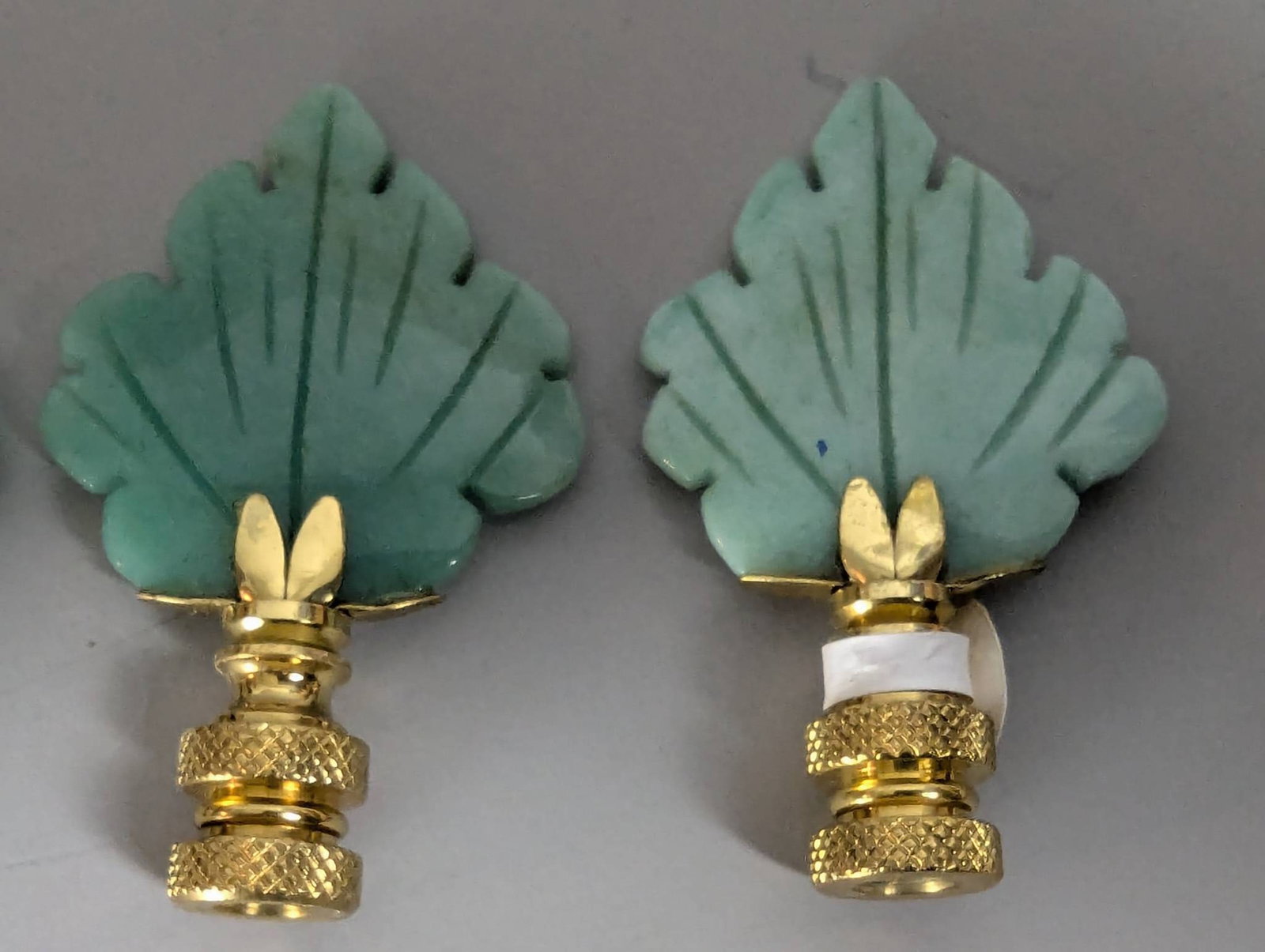 4 Polished Brass Leaf Lamp Finials with Green Jade Stone - 2