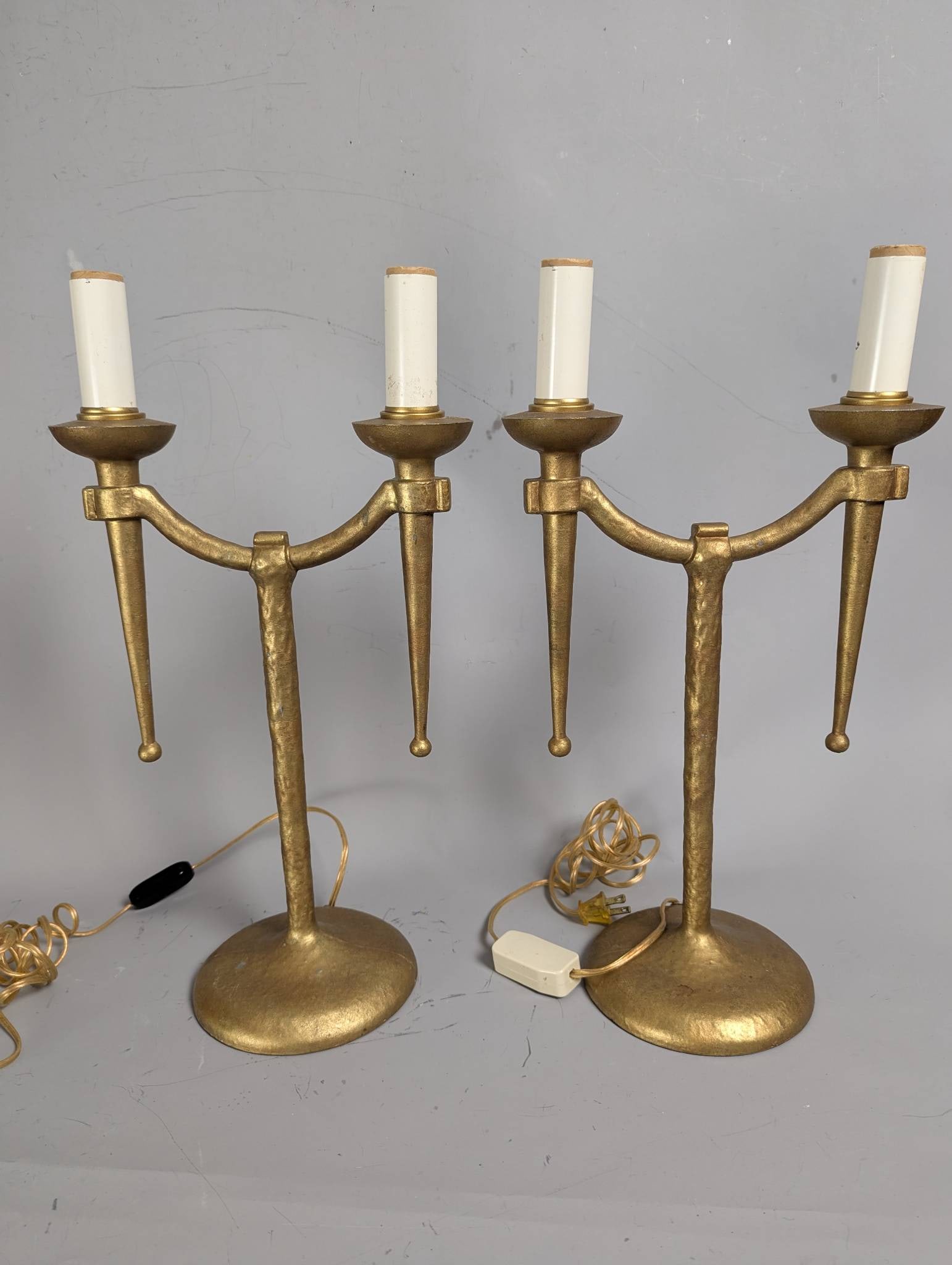 Vintage Gilt Metal Table Lamps with Mid-Century Spanish Design: **Important** Please read below description on how to avoid high shipping costs. Vintage gilt metal table lamps featuring a hammered or textured finish. Each lamp stands 20 inches high, measures 11 in