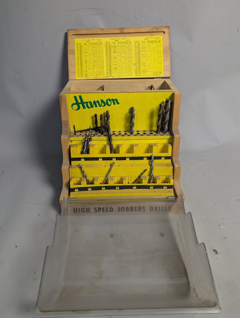 Vintage Hanson High Speed Jobber Drills Wood Display Case with Bits: **Important** Please read below description on how to avoid high shipping costs. Discover this stunning vintage Hanson High Speed Jobber Drills display case, perfect for any collector! Measuring 12