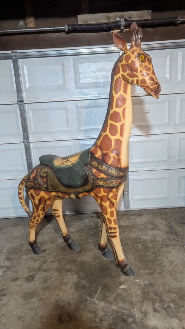 Vintage Hand Carved Painted Giraffe Carousel Stationary Figure: **Important** Please read below description on how to avoid high shipping costs. Introducing an exquisite hand carved and hand painted giraffe carousel figure, standing proudly at 71 high x 53 x 12.