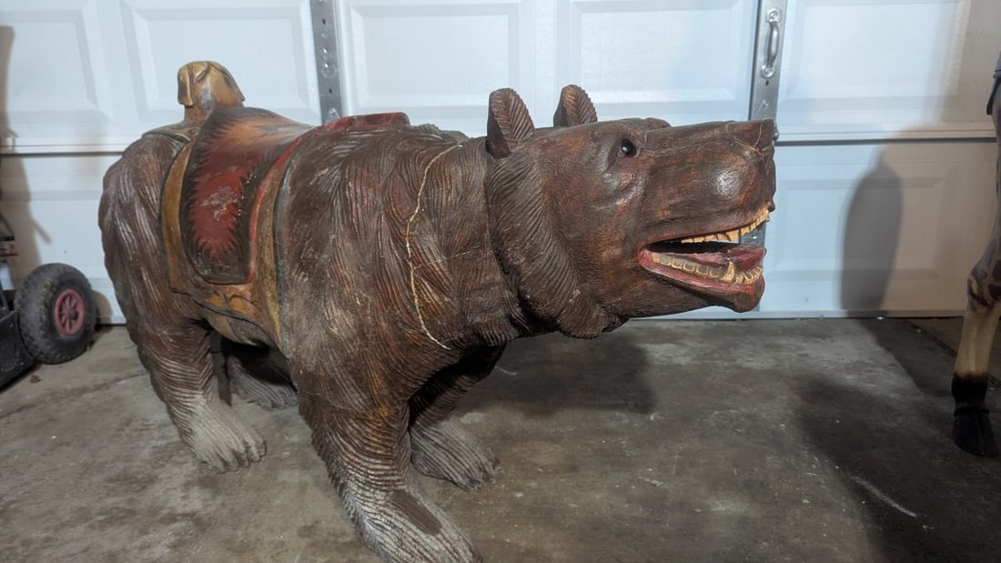 Vintage Hand-Painted & Carved Stationalry Carousel Bear Collectible Figure: **Important** Please read below description on how to avoid high shipping costs. This stunning bear figure, standing at 21 inches high, 14 inches deep, and a remarkable 51 inches long, is a unique