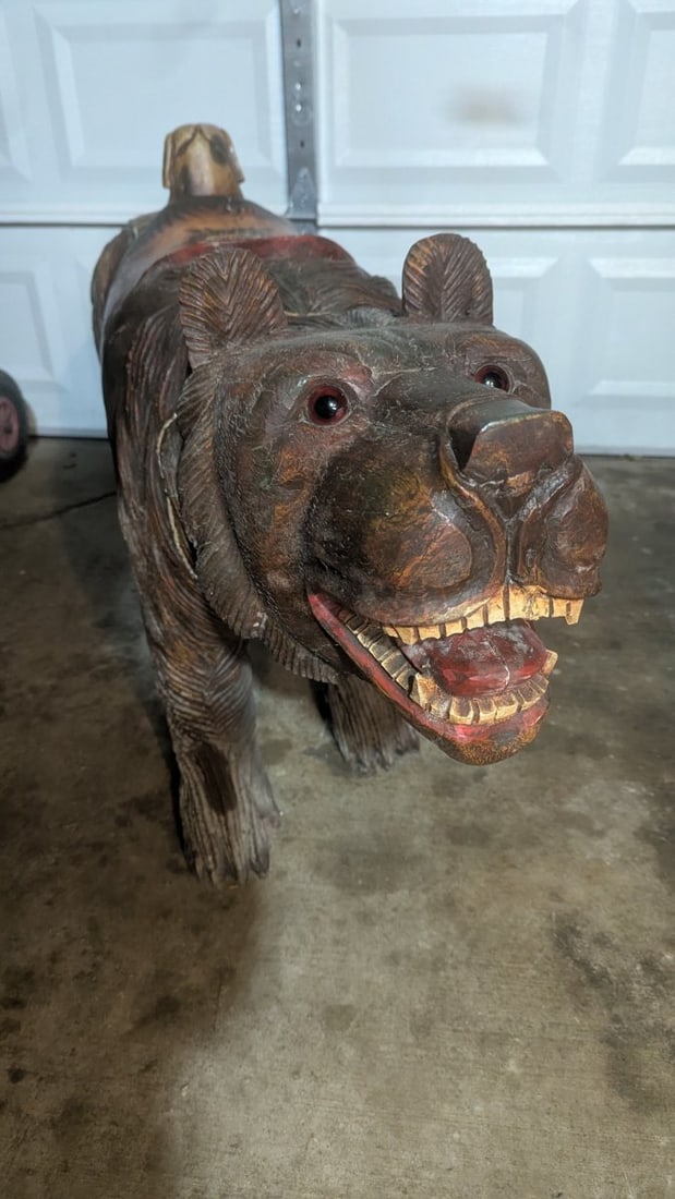 Vintage Hand-Painted & Carved Stationalry Carousel Bear Collectible Figure - 5