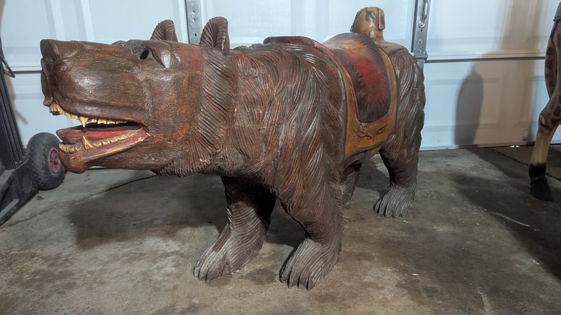 Vintage Hand-Painted & Carved Stationalry Carousel Bear Collectible Figure - 6