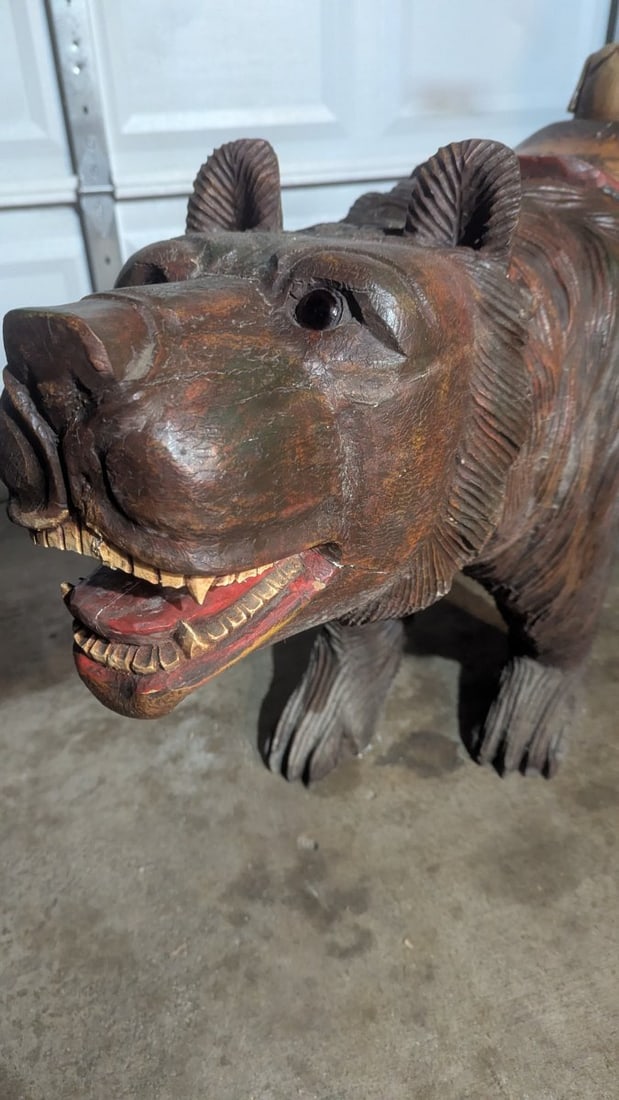 Vintage Hand-Painted & Carved Stationalry Carousel Bear Collectible Figure - 7