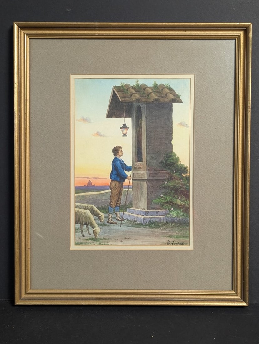 Charming Early 20th Century Watercolor by F. Galassi Shepherd at Shrine: **Important** Please read below description on how to avoid high shipping costs. This exquisite watercolor painting, measuring 15 1/2 x 18 1/2 with a framed image size of 7 1/2 x 10 3/4, portrays a