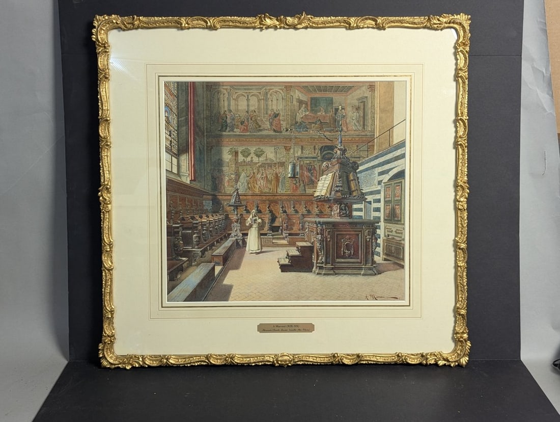 Captivating Watercolor by A. Marrani of Santa Maria Novella Choir: **Important** Please read below description on how to avoid high shipping costs. Immerse yourself in the rich history with this beautiful watercolor painting by A. Marrani, depicting the