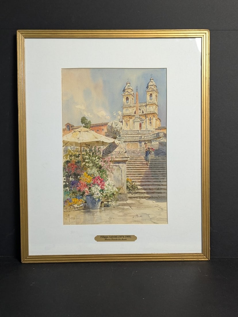 Framed Watercolor by Filippo Anivitti TrinitÃ dei Monti Italian Art: **Important** Please read below description on how to avoid high shipping costs. Discover the beauty of Rome captured in this exquisite framed watercolor by Filippo Anivitti. Measuring 20 x 24 inches