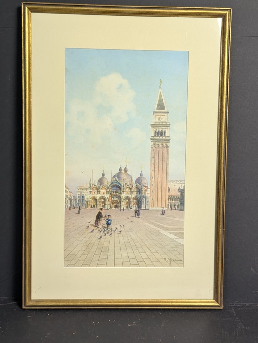 Large Framed Watercolor of Venice Piazza San Marco by Umberto Organia: **Important** Please read below description on how to avoid high shipping costs. Experience the beauty of Venice with this large watercolor painting depicting the iconic Piazza San Marco. Created by