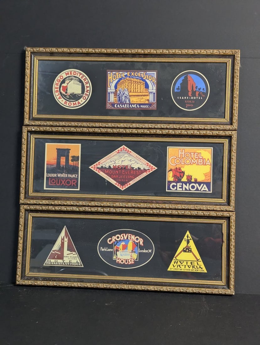 Set of 9 Vintage Framed Luggage Labels in Ornate Frames: **Important** Please read below description on how to avoid high shipping costs. Discover a stunning collection of 9 vintage luggage labels beautifully displayed across three ornate frames, each