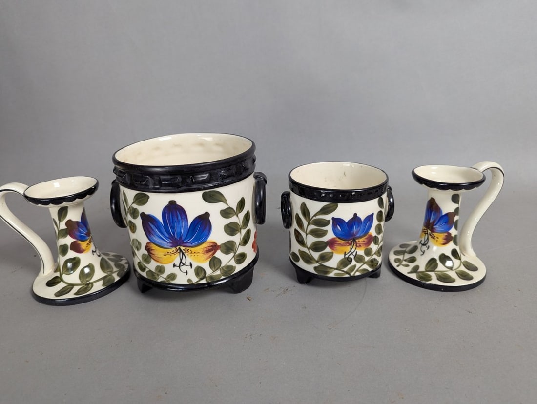 Exquisite Czech Art Pottery Candle Holders and Ice Bucket Set: **Important** Please read below description on how to avoid high shipping costs. Discover a stunning set of Czech art pottery including two candle holders and an ice bucket. Each piece features the