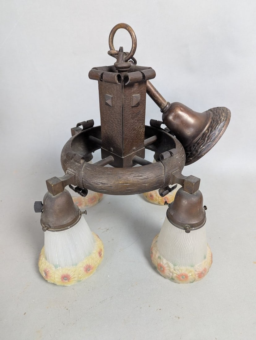 Arts and Crafts Antique Bronze Chandelier 4 Arms Working Condition (1 of 7)