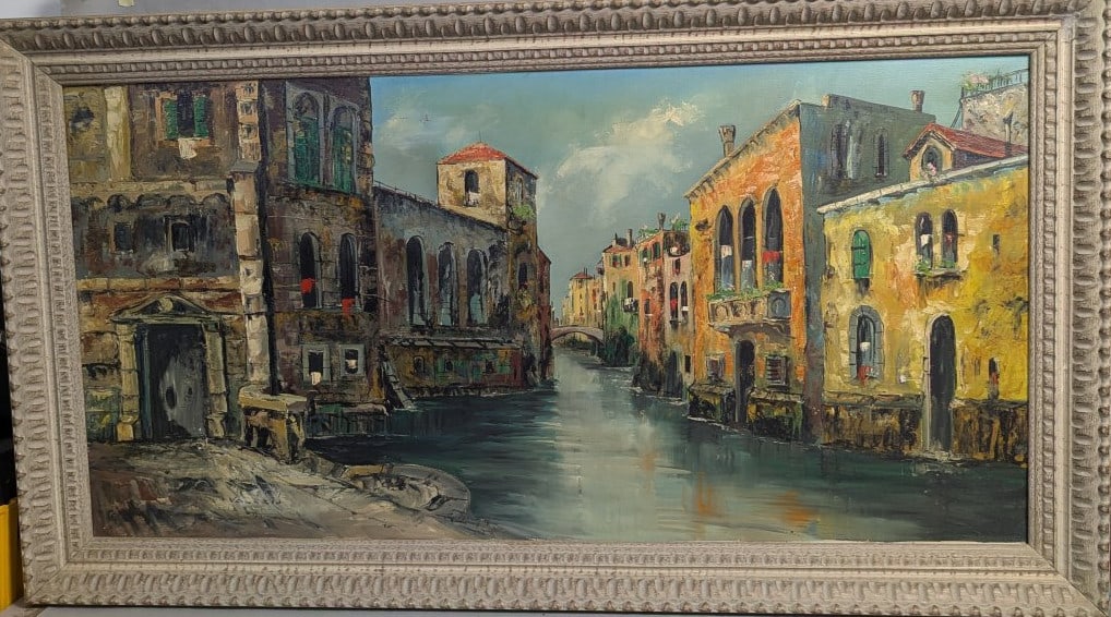 Signed Venetian Canal Scene Oil Painting by Valdi: **Important** Please read below description on how to avoid high shipping costs. This captivating signed oil painting on canvas features a vibrant Venetian canal scene, measuring 48 x 24 inches. The