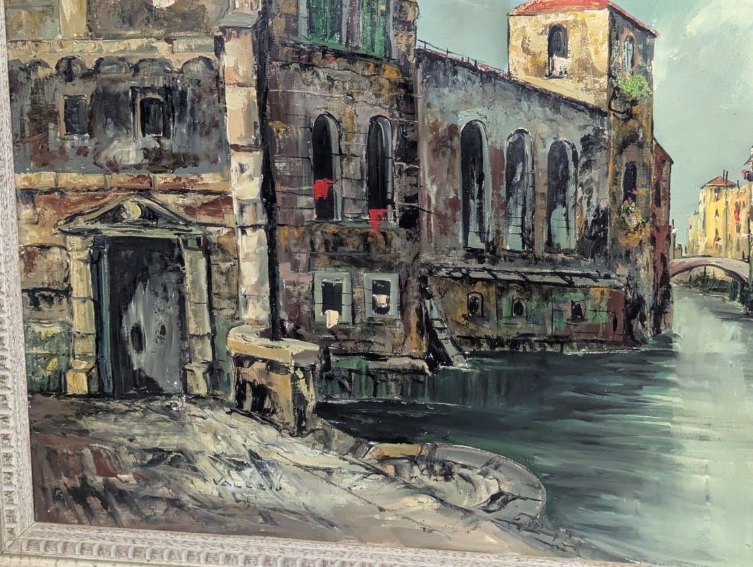 Signed Venetian Canal Scene Oil Painting by Valdi - 8