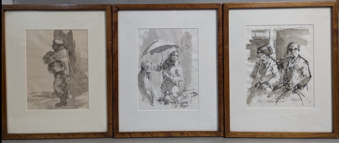 Set of Three Framed Ink and Wash Drawings Artworks (1 of 15)