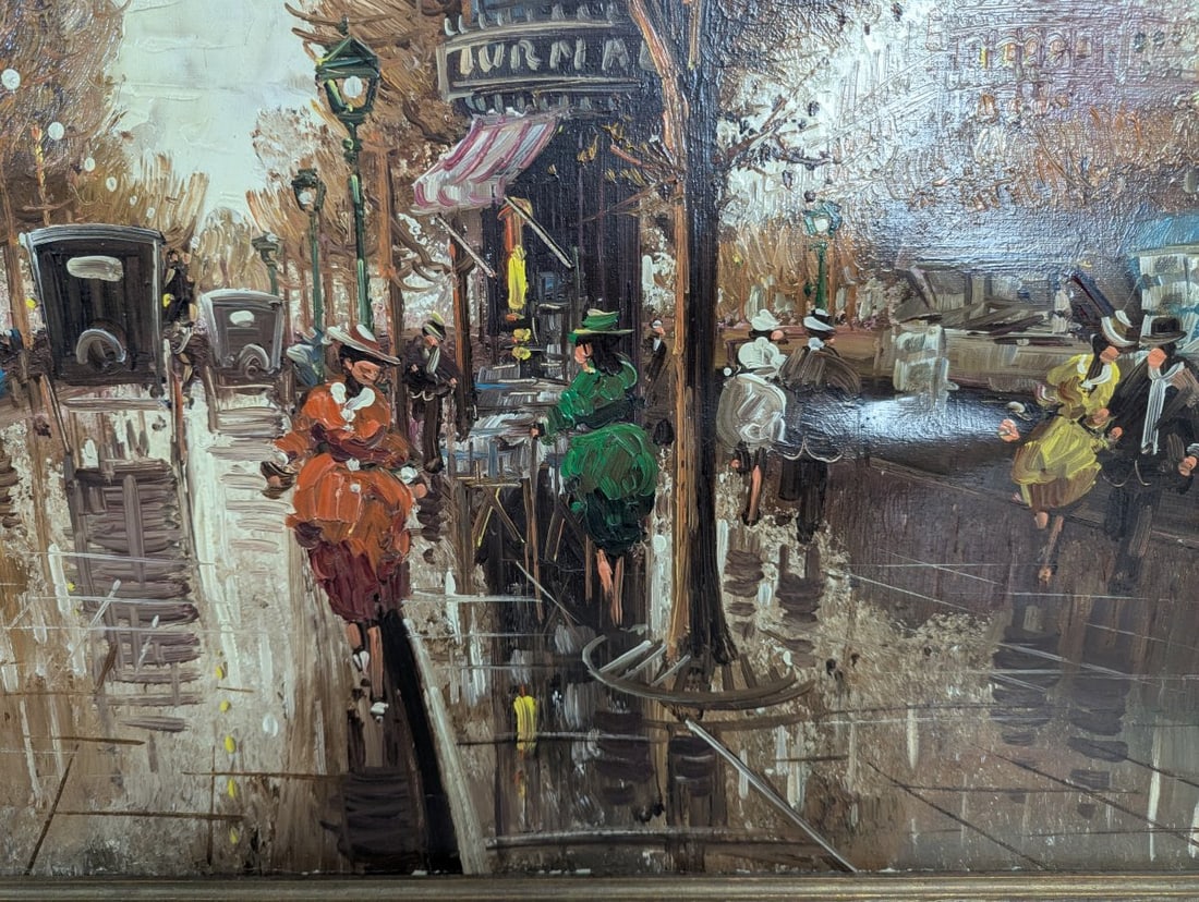 Large Impressionist Style Oil Painting Parisian Street Scene - 11