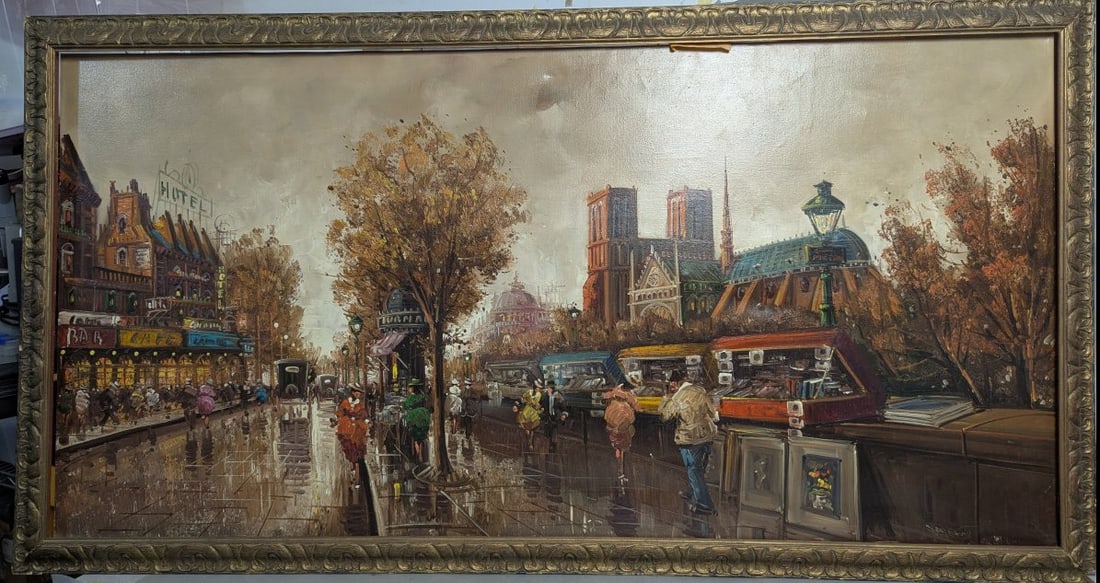 Large Impressionist Style Oil Painting Parisian Street Scene: **Important** Please read below description on how to avoid high shipping costs. This stunning oil on canvas painting measures 60 x 30 inches and comes framed in a 65 x 34 inch frame. Due to its
