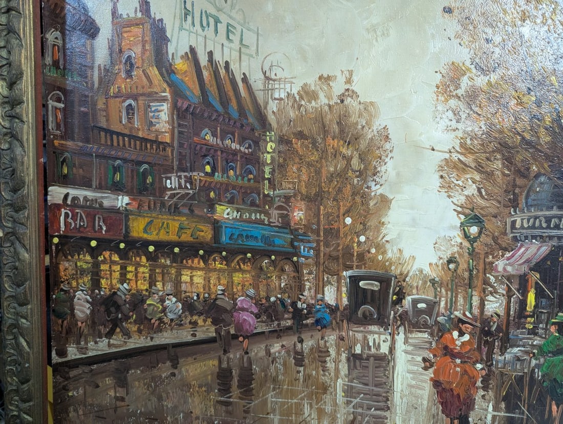 Large Impressionist Style Oil Painting Parisian Street Scene - 6