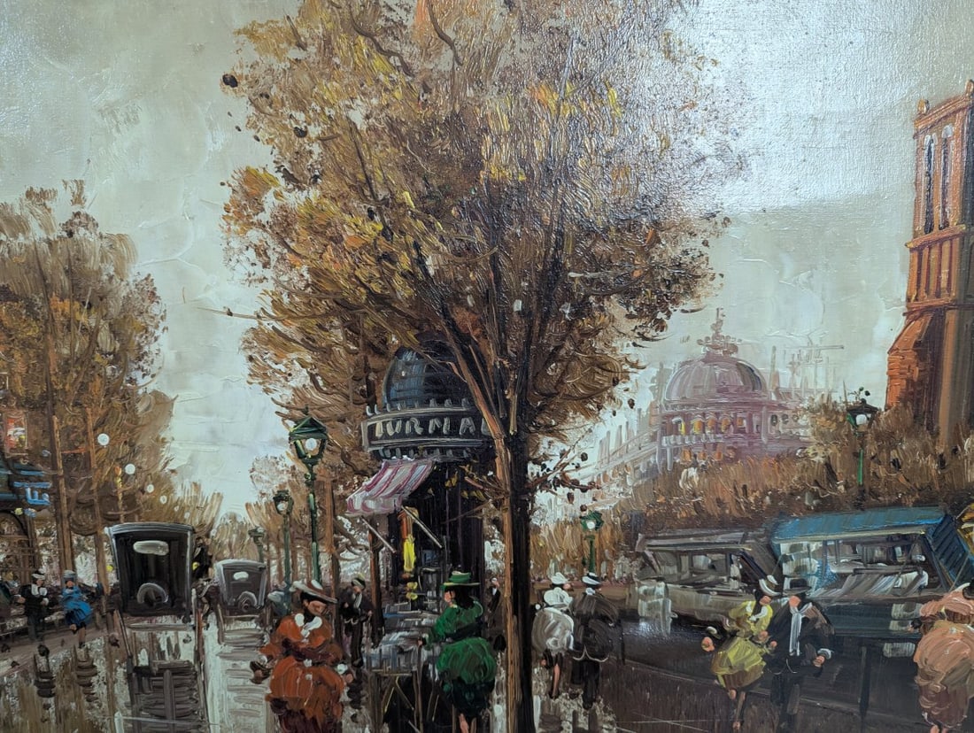 Large Impressionist Style Oil Painting Parisian Street Scene - 7