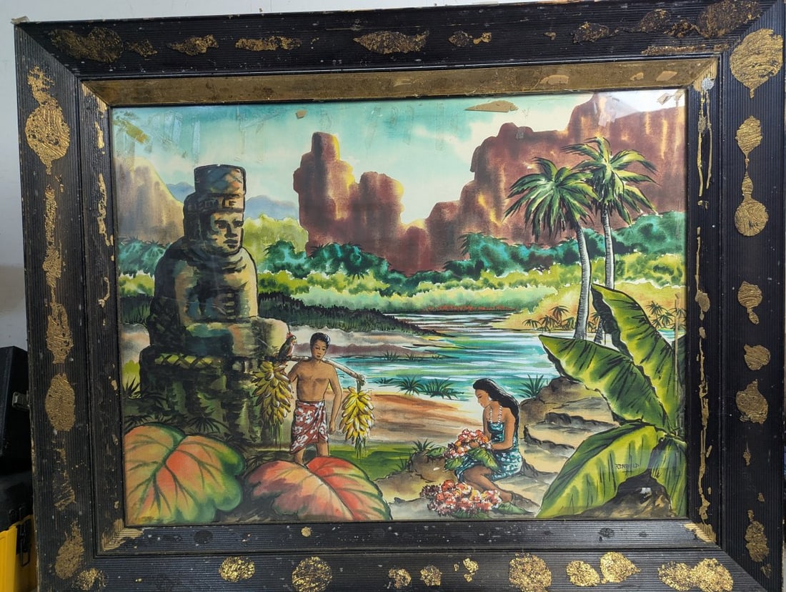 Hawaiian Scene Watercolor by Renauld Framed Art: **Important** Please read below description on how to avoid high shipping costs. Discover this stunning watercolor painting by Robert Renauld, depicting a beautiful Hawaiian scene. This impressive