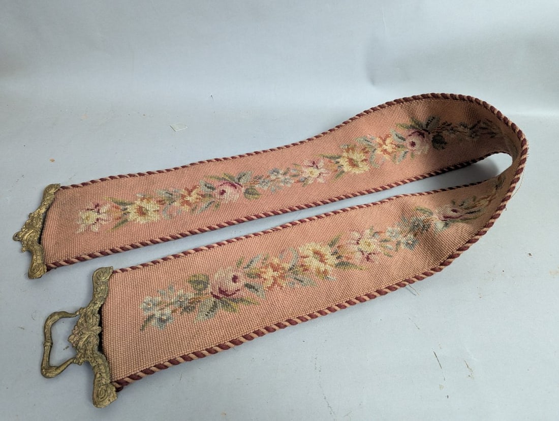 Antique Floral Needlepoint Bell Pull with Ornate Hardware (1 of 7)