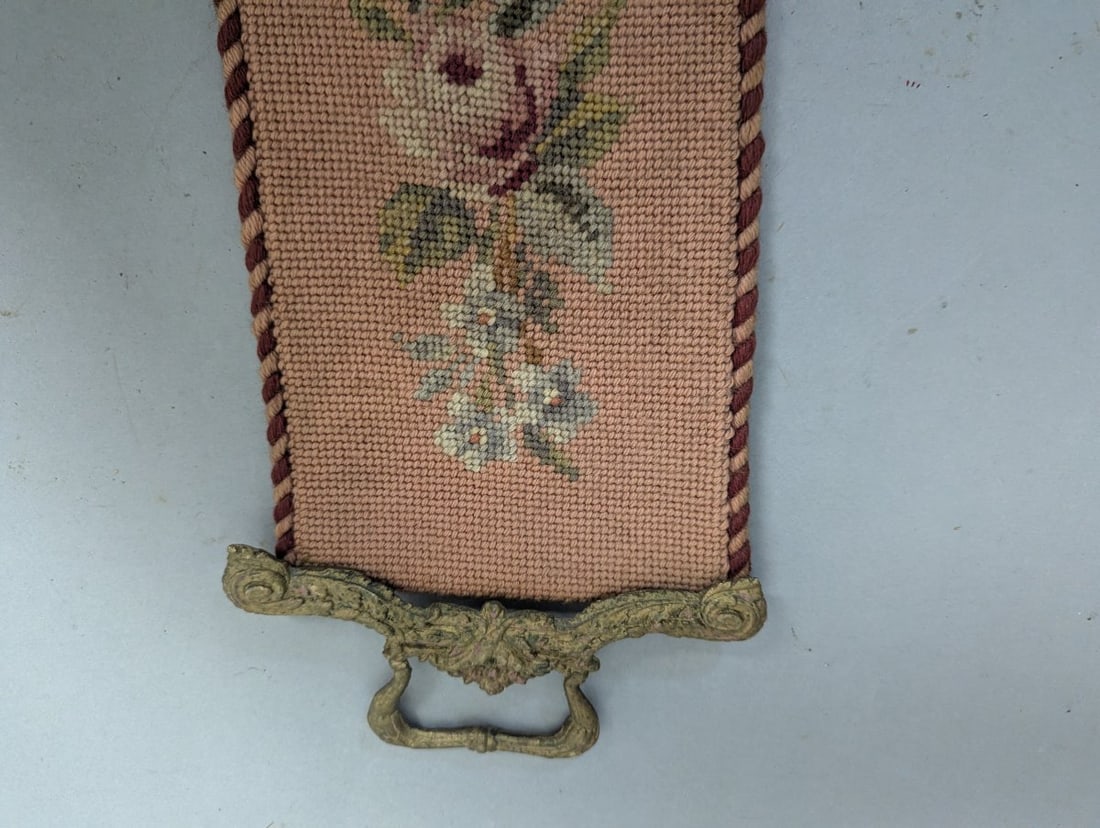Antique Floral Needlepoint Bell Pull with Ornate Hardware - 3