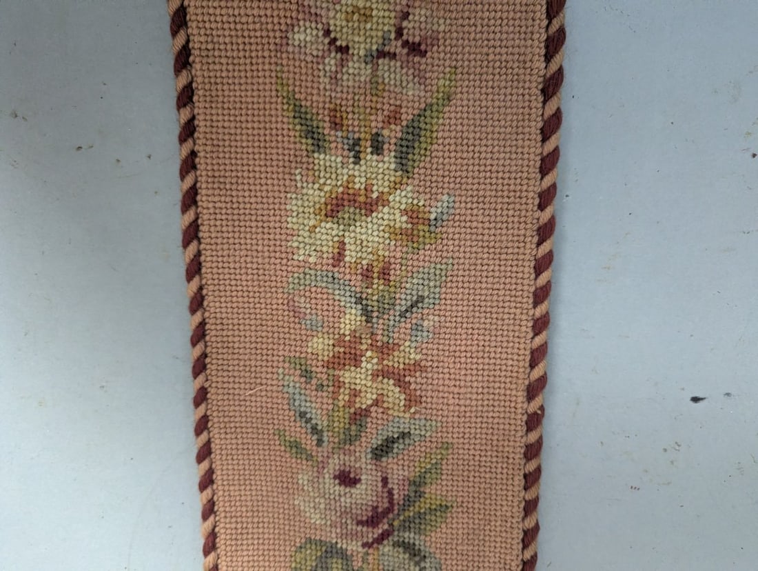 Antique Floral Needlepoint Bell Pull with Ornate Hardware - 4