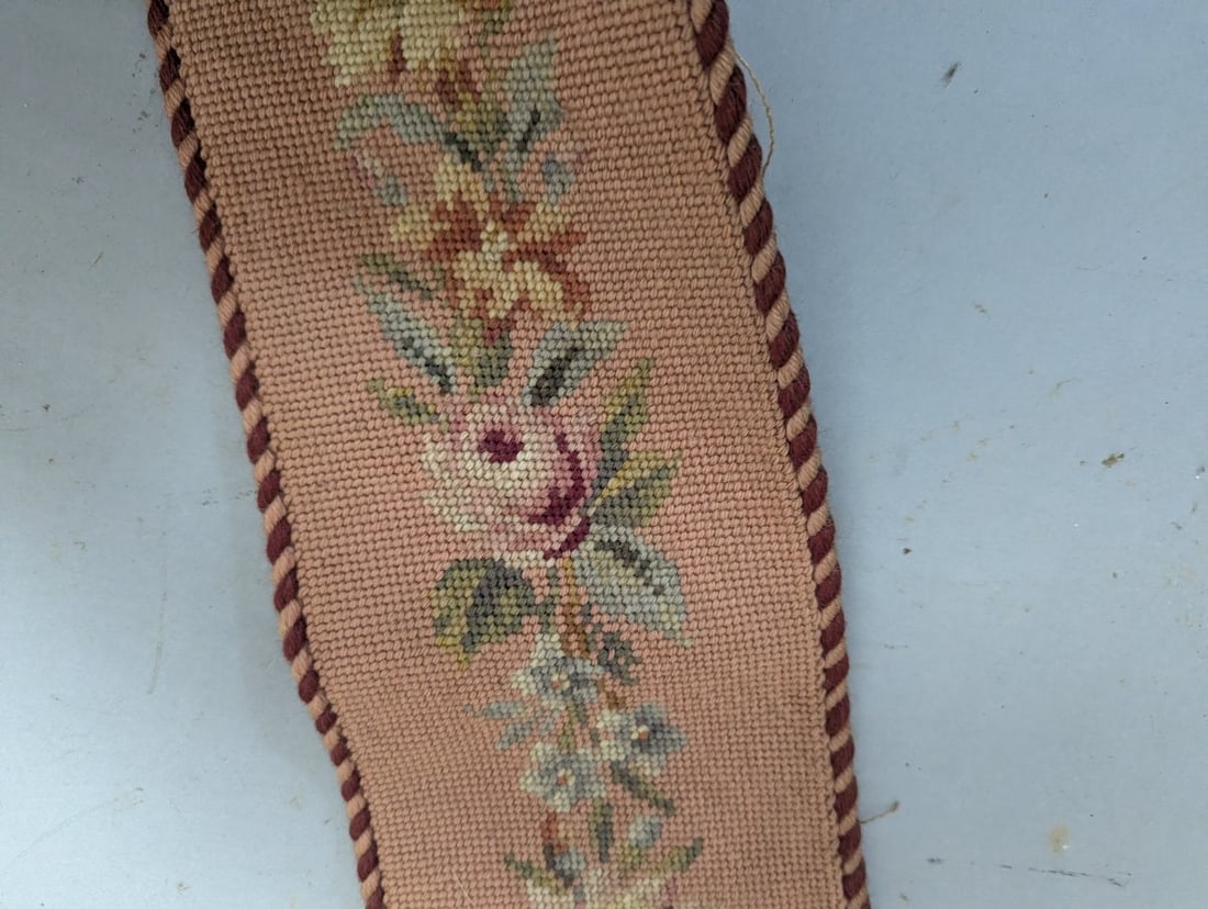 Antique Floral Needlepoint Bell Pull with Ornate Hardware - 5