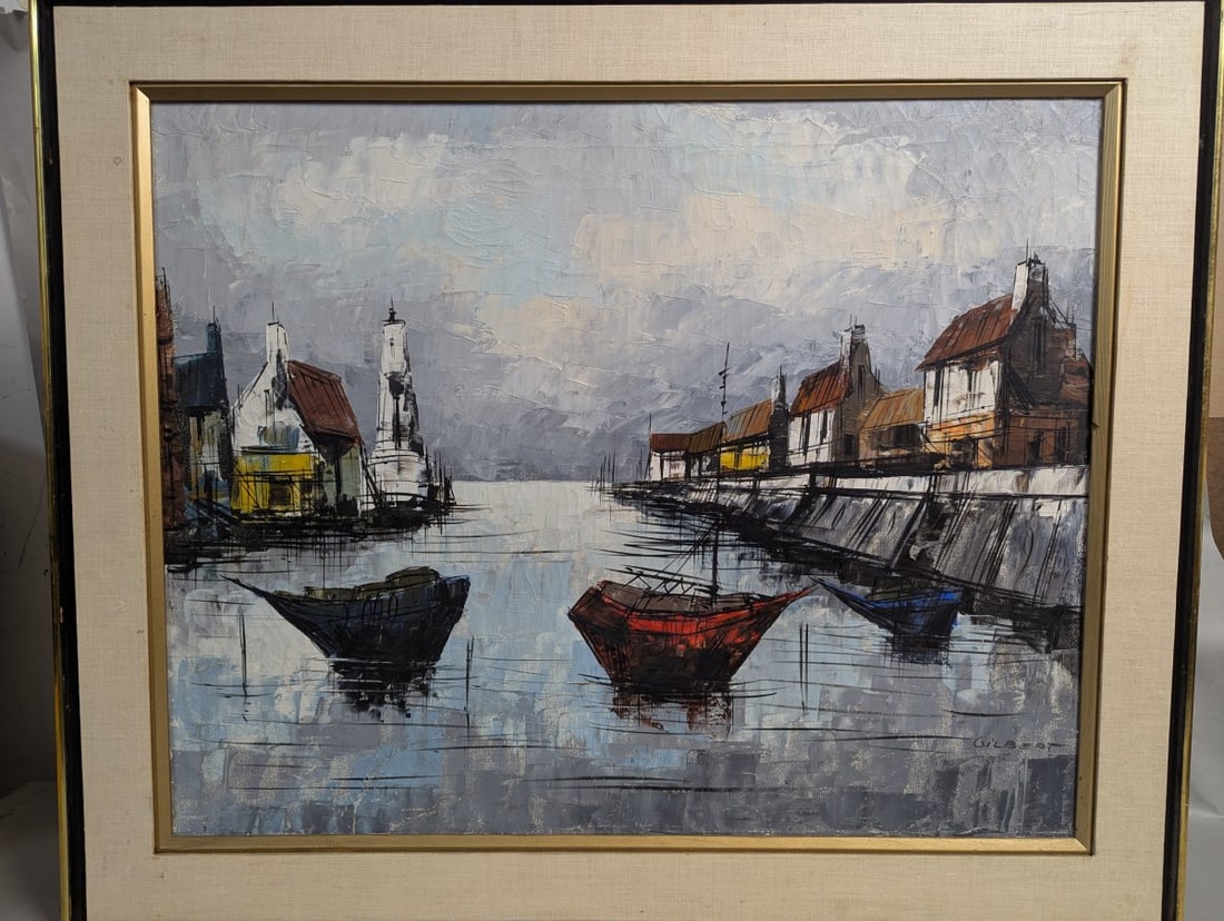 Vintage Mid Century Impasto Oil Painting Harbor Scene by Gilbert (1 of 15)