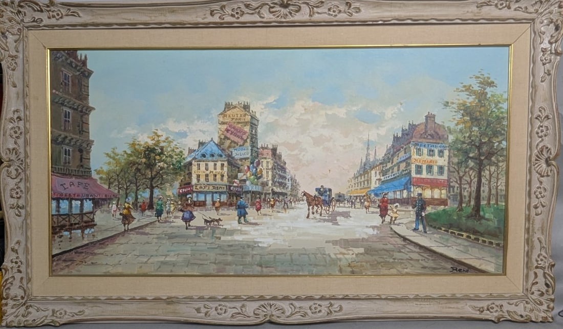 Stunning Large Framed Parisian Oil Painting by Rene: **Important** Please read below description on how to avoid high shipping costs. This exquisite oil painting features a captivating Parisian street scene, expertly framed in an ornate design. The