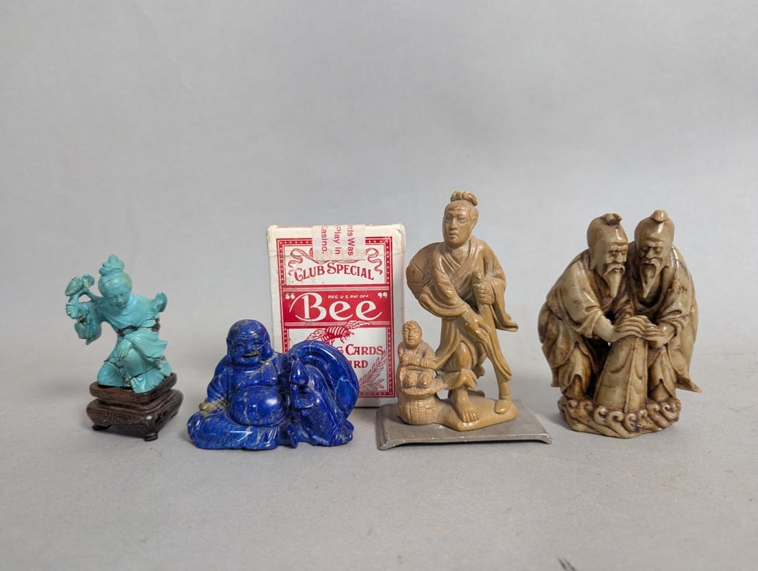 Collection of Chinese Carved Figurines Lapis Lazuli Turquoise Soapstone Decorative Arts - 11