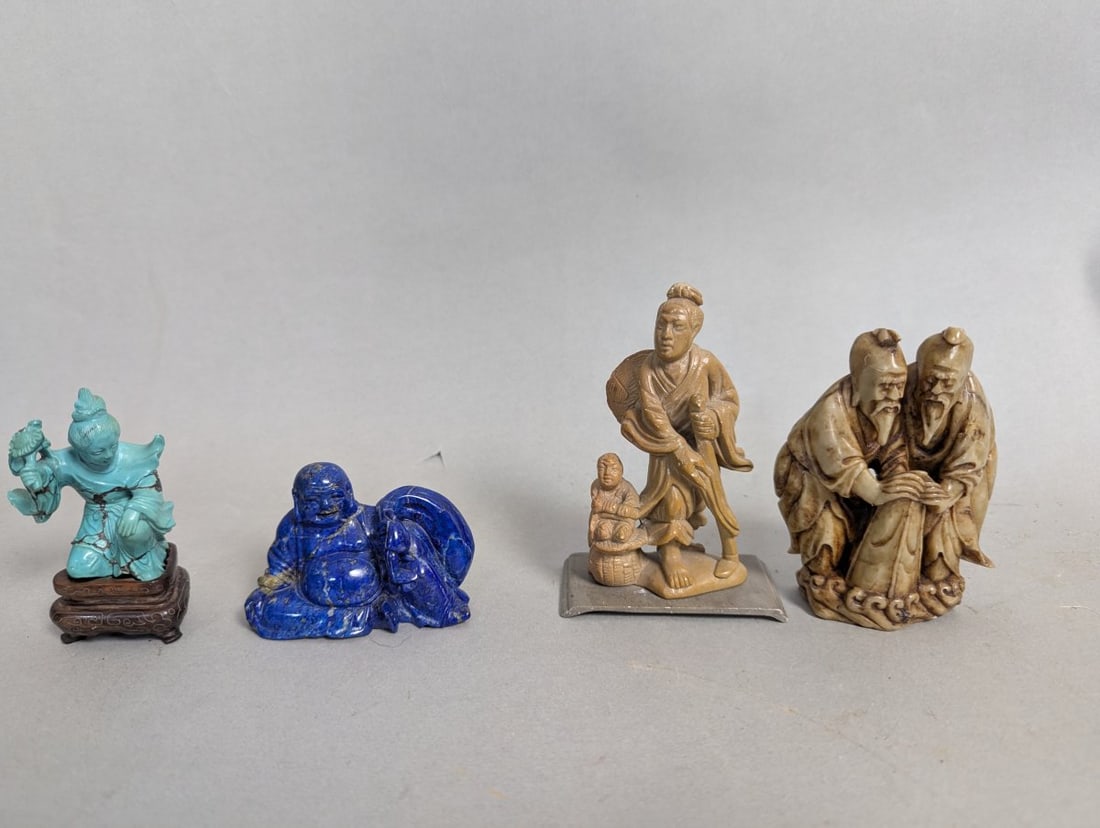 Collection of Chinese Carved Figurines Lapis Lazuli Turquoise Soapstone Decorative Arts (1 of 11)