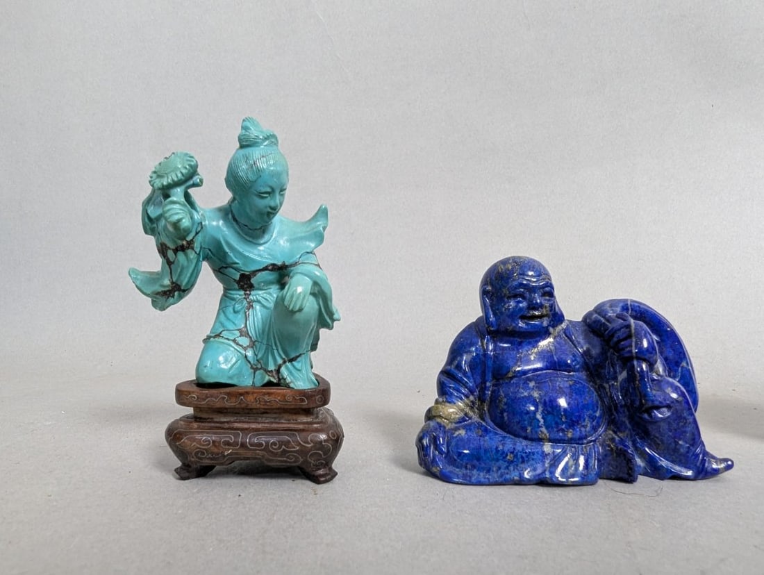 Collection of Chinese Carved Figurines Lapis Lazuli Turquoise Soapstone Decorative Arts - 2
