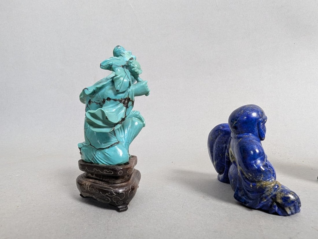 Collection of Chinese Carved Figurines Lapis Lazuli Turquoise Soapstone Decorative Arts - 3