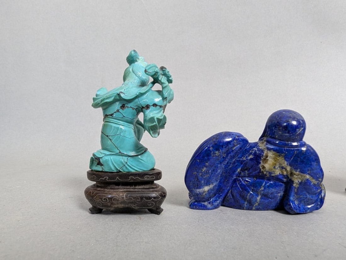 Collection of Chinese Carved Figurines Lapis Lazuli Turquoise Soapstone Decorative Arts - 4