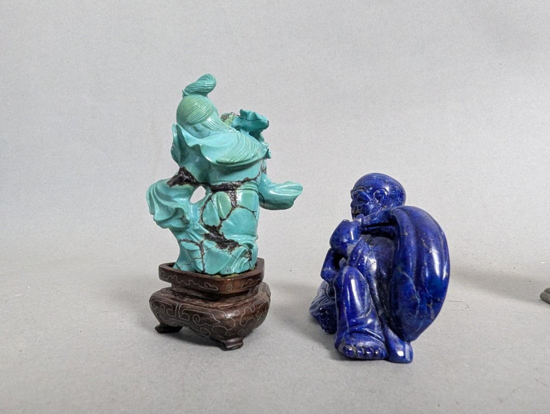 Collection of Chinese Carved Figurines Lapis Lazuli Turquoise Soapstone Decorative Arts - 5