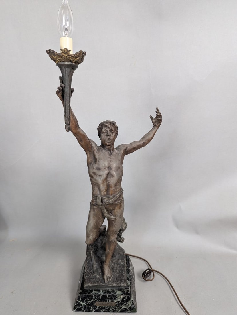 Georges Bareau Vox-Pacis Art Nouveau Figural Lamp on Marble Base with Torch Light: **Important** Please read below description on how to avoid high shipping costs. Presenting a stunning Art Nouveau figural table lamp titled 'Vox-Pacis' by French sculptor Georges Bareau. This