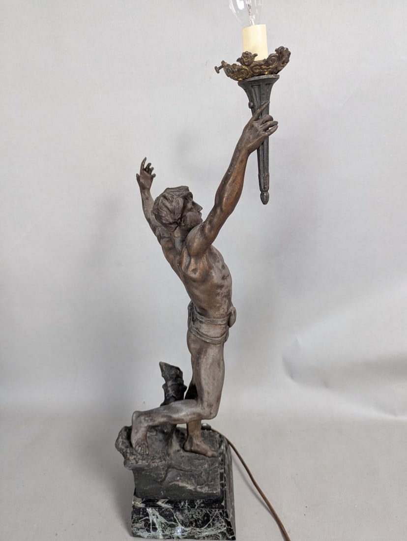 Georges Bareau Vox-Pacis Art Nouveau Figural Lamp on Marble Base with Torch Light - 4