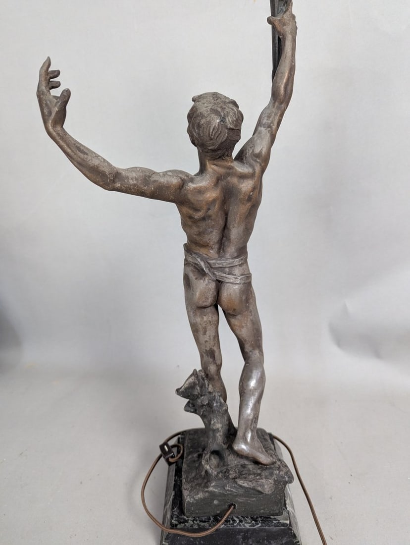 Georges Bareau Vox-Pacis Art Nouveau Figural Lamp on Marble Base with Torch Light - 5