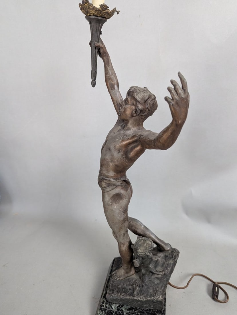 Georges Bareau Vox-Pacis Art Nouveau Figural Lamp on Marble Base with Torch Light - 6