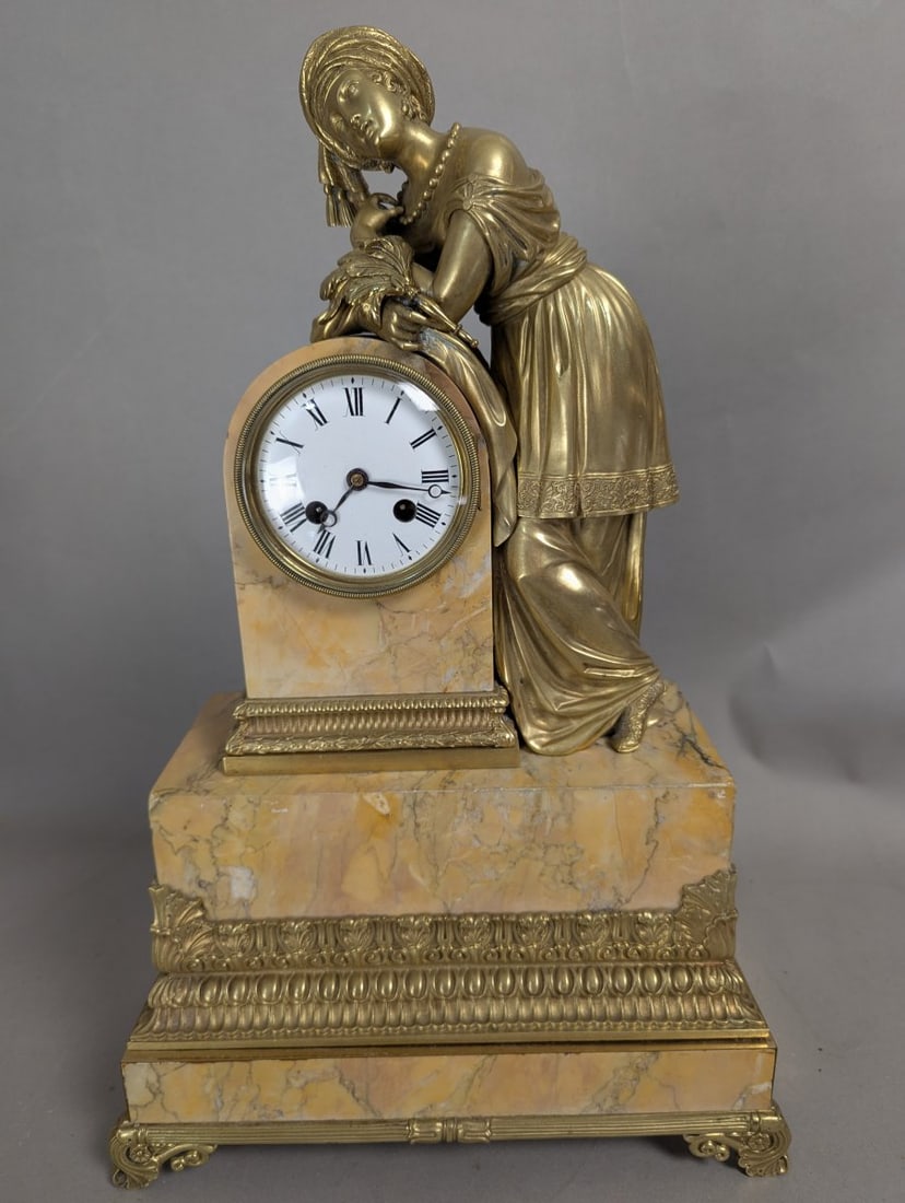 19th Century French Gilt Metal and Marble Figural Mantel Clock Decorative Timepiece: **Important** Please read below description on how to avoid high shipping costs. This stunning 19th Century French Gilt Metal and Marble Figural Mantel Clock stands at an impressive 21 inches high, wi
