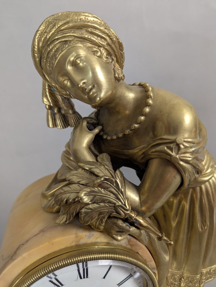 19th Century French Gilt Metal and Marble Figural Mantel Clock Decorative Timepiece - 2