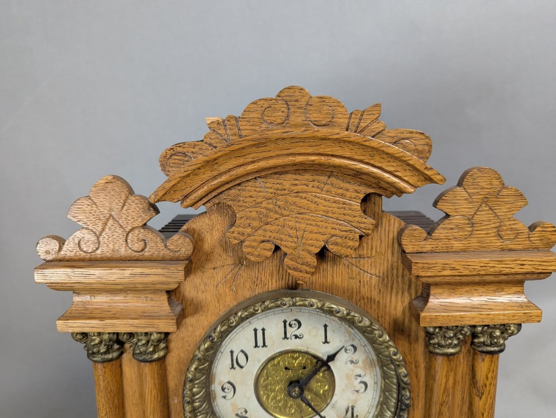 E. Ingraham Co Cabinet No 7 Antique Oak Mantel Clock - 2