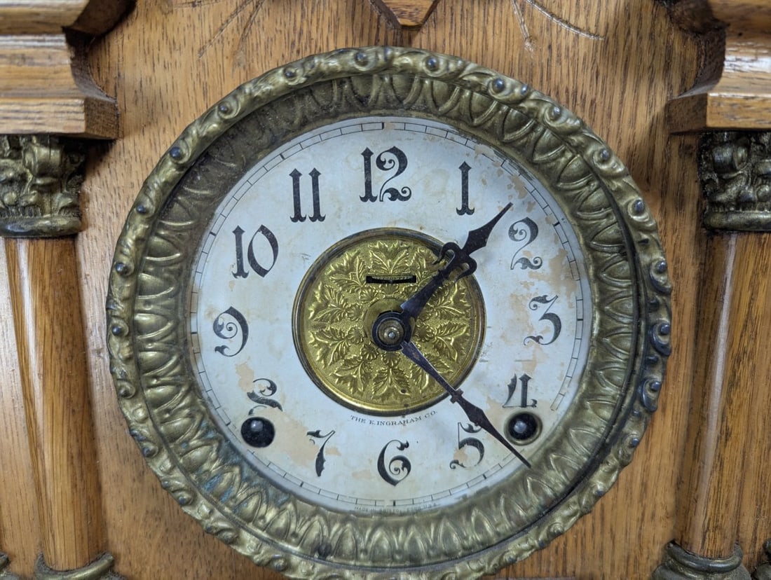 E. Ingraham Co Cabinet No 7 Antique Oak Mantel Clock - 3